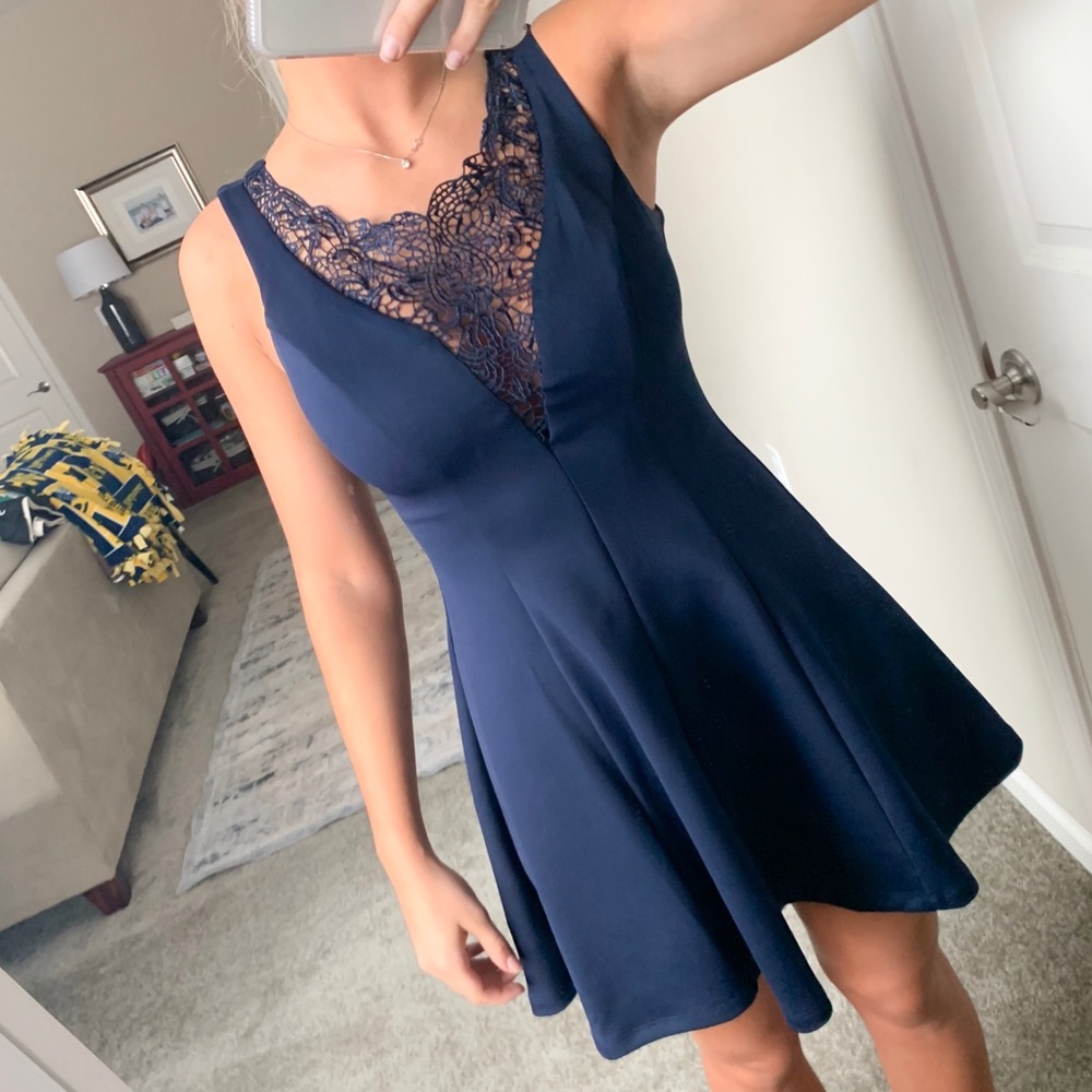 navy dress with lace neckline - Picture 1 of 4